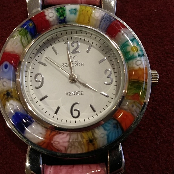 CC ZECCHIN Venetian Colored Floral Glass Watch Pink Strap Silver Case White Face - Picture 3 of 6